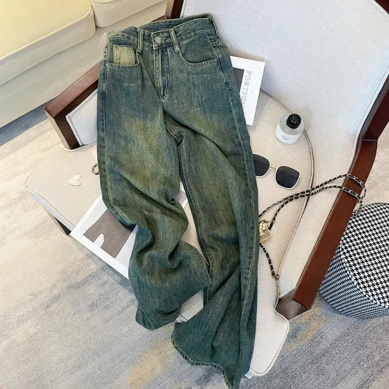 سراويل جينز للسيدات ذات الحواف عالية الخصر على نطاق واسع في شارع الشارع 2024 سراويل عارضة على الطراز الأمريكي ، سراويل جينز مستقيمة مستقيمة