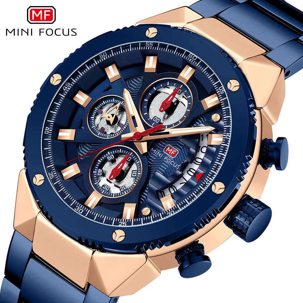 MINI FOCUS Marke personalisierte wasserdichte Quarz-Nachtleuchten-Stahlband-Herrenuhr 0397G