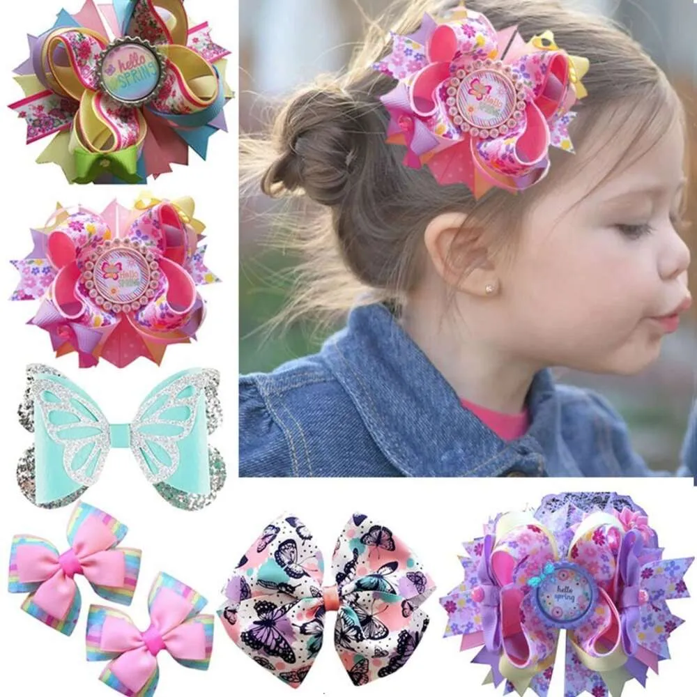 Nuove serie primaverili/estivi per bambini clip per capelli fatti a farfalla fatta a mano Flower Stampa calda Vendita di copricapo dolce