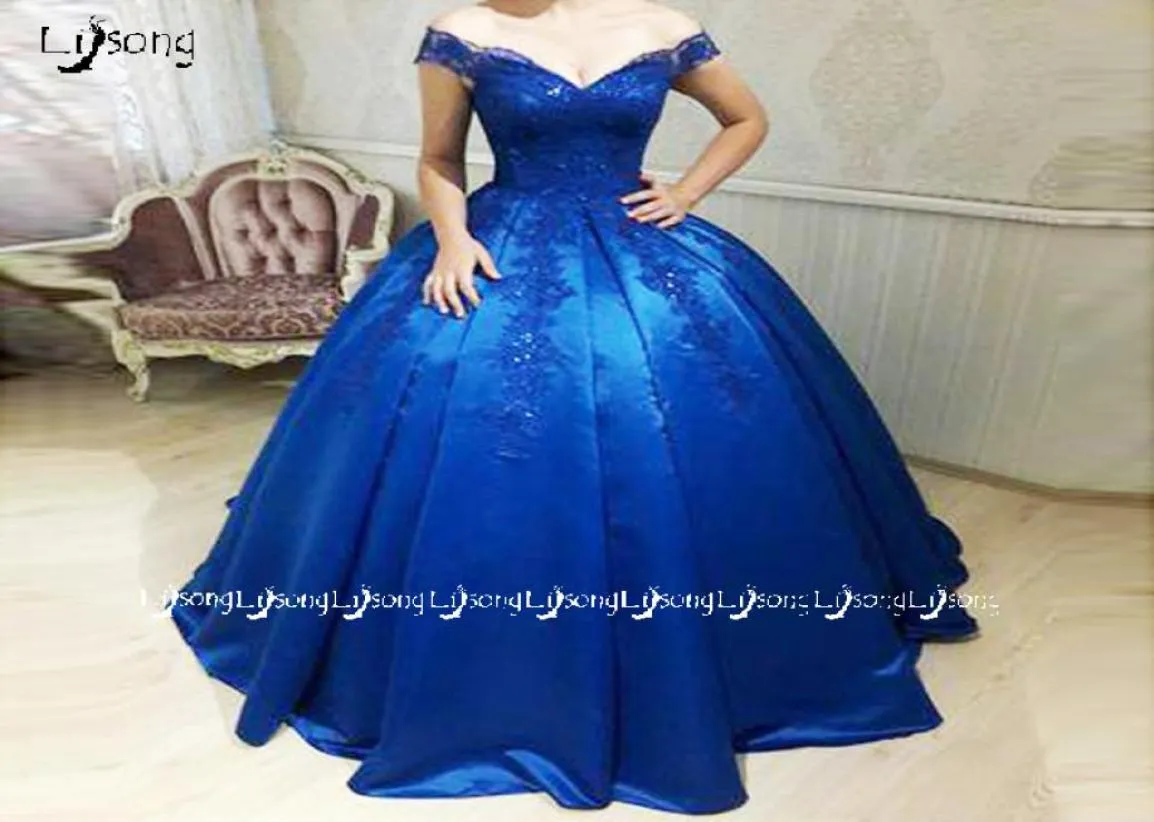 Royal Blue Evening Ball Gowns Appliques Vintage Prom Party Dress Puffy Princess Quinceanera Graduation Lady Party Wear Maxi Gown V2575438