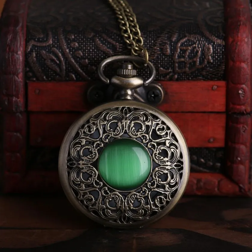 Montre de poche à Quartz en Bronze Vintage, collier vert, pendentif pour hommes et femmes, cadeau pour hommes et femmes, Watch253u