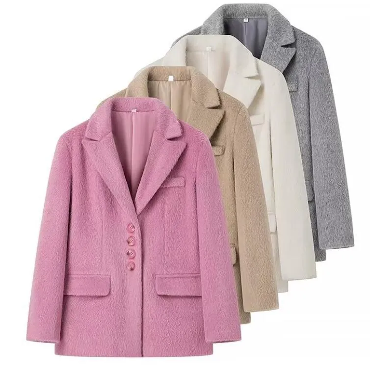 Rosa Revers Woolen Elegante Frauen Herbst Winter Mantel Langarm Einreiher Lose Übergroße Jacke Chic Casual Outwears