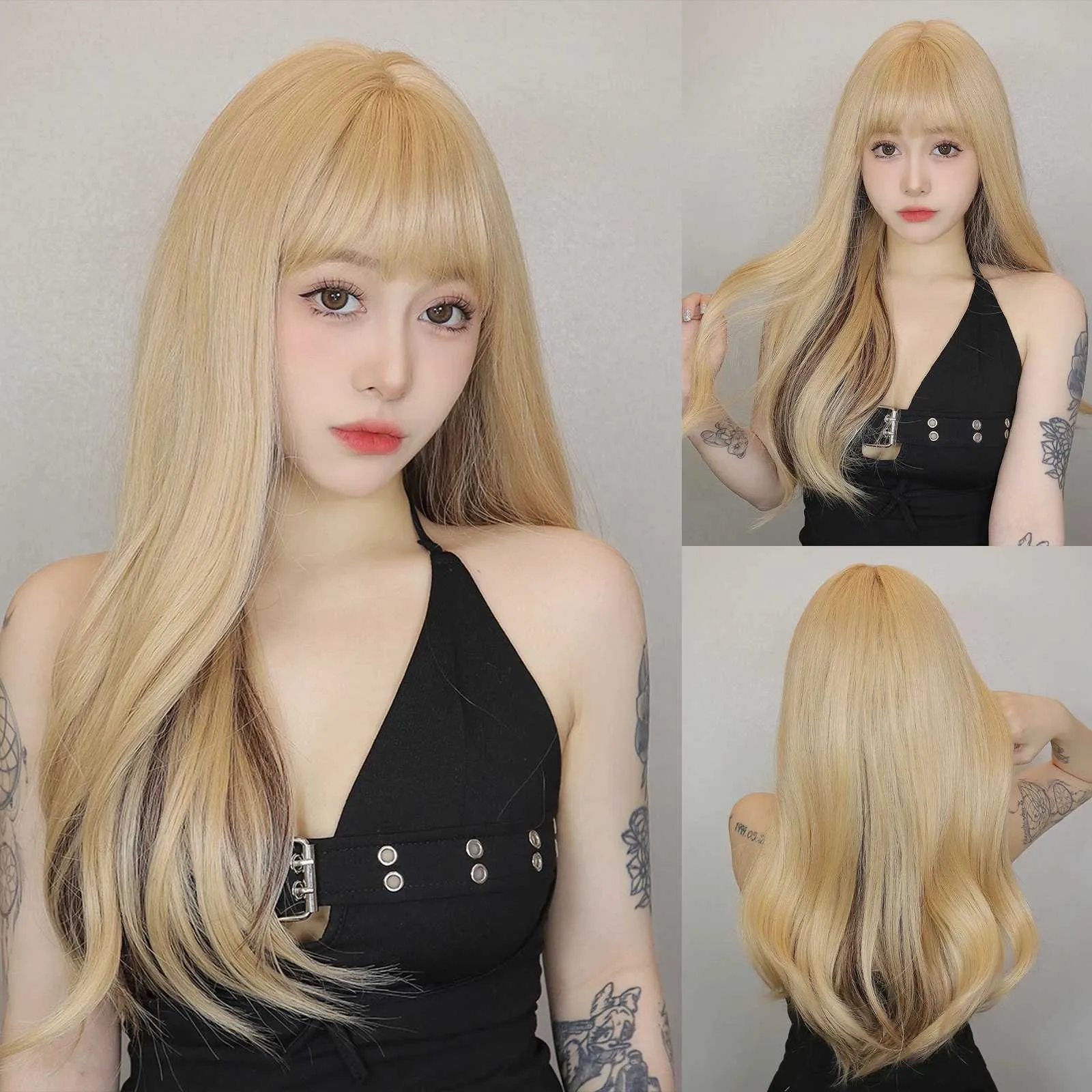 Synthetic Wigs Blonde Wavy Long Wigs with Bangs Natural Highlight Soft Wigs Daily Party High Density Synthetic Fake Hair High Temperature Fiber 240329