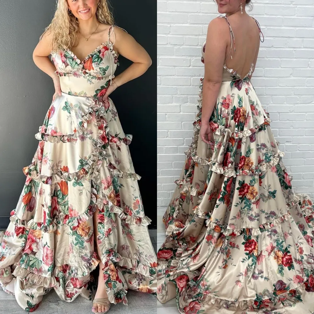 Champagne Floral Ruffle City Studio Prom Dress with Black Tie, Open V-Back and Slit - Perfect for Pageants, Formal Evening Events, Galas, Homecoming,
