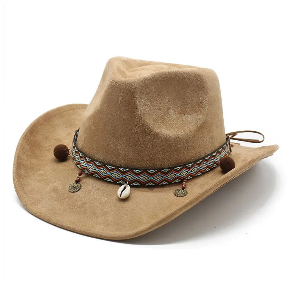 Cappelli da cowboy unisex Cappellini western per donna e uomo Pelle scamosciata 5758cm Conchiglie decorative Cinghie intrecciate Design retrò Stile Jazz NZ0125 240311