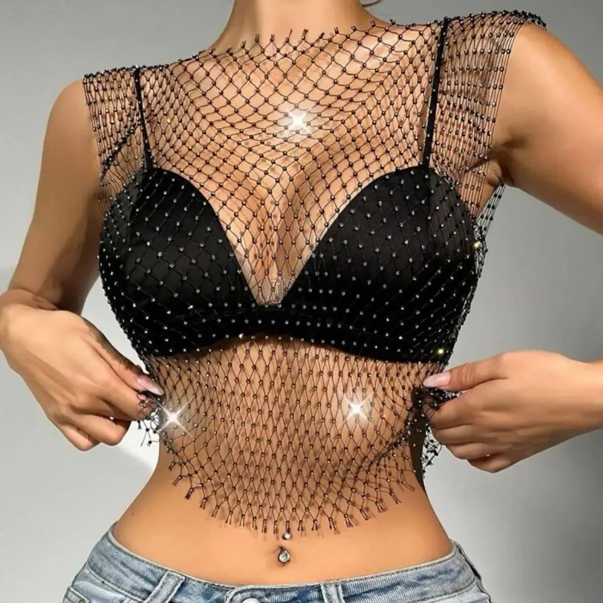 Tops Women's Fishnet Rhinestone Crop Top 2023 Summer Sexy Mesh High Elastic Black White Shirt Met See attraverso Rave Diamond Top Top