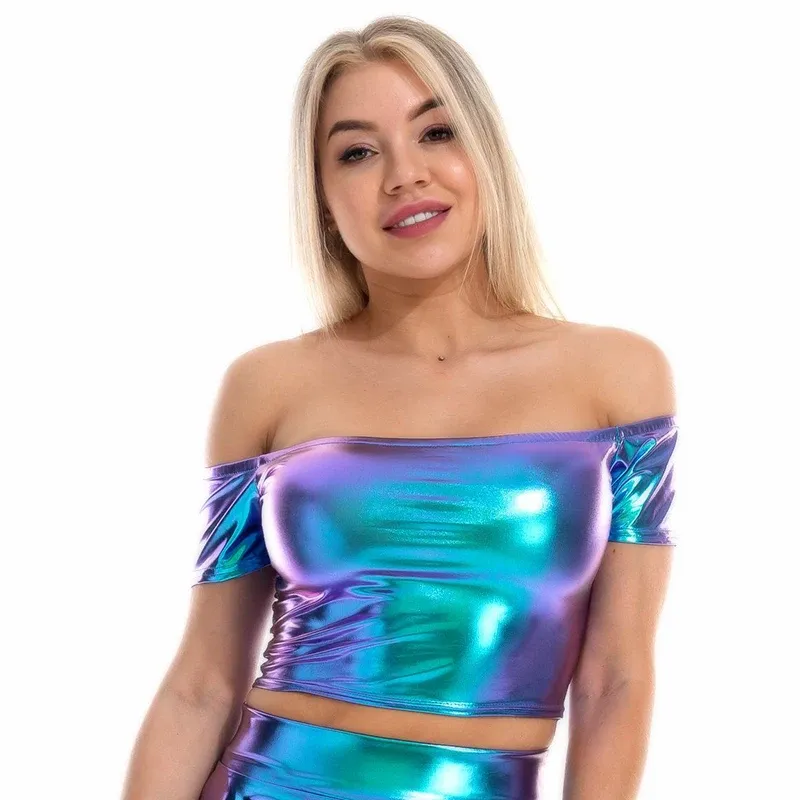 Tops Summer Sexy Slash Neck Off Shoulder Metallic Crop Top Glitter Holographic Tank Top Short Vest Women Rave Festival Clubwear