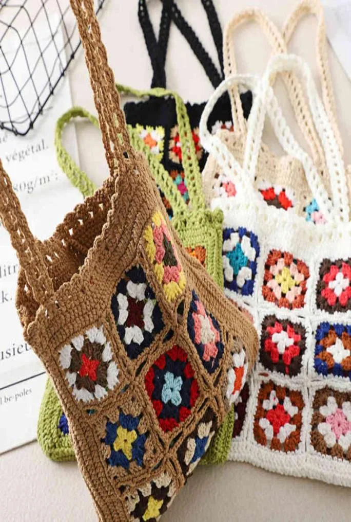 Bohème Crochet femmes sacs à bandoulière grand-mère carré fourre-tout décontracté tricoté sacs à main tissé à la main été plage petit sac à main 2207055773256