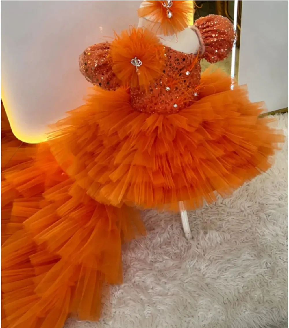 Abiti da ragazza di fiori arancioni per abiti da sposa con paillettes gonfi a strati con fiocco abito da ballo formale per feste di compleanno principessa 240312
