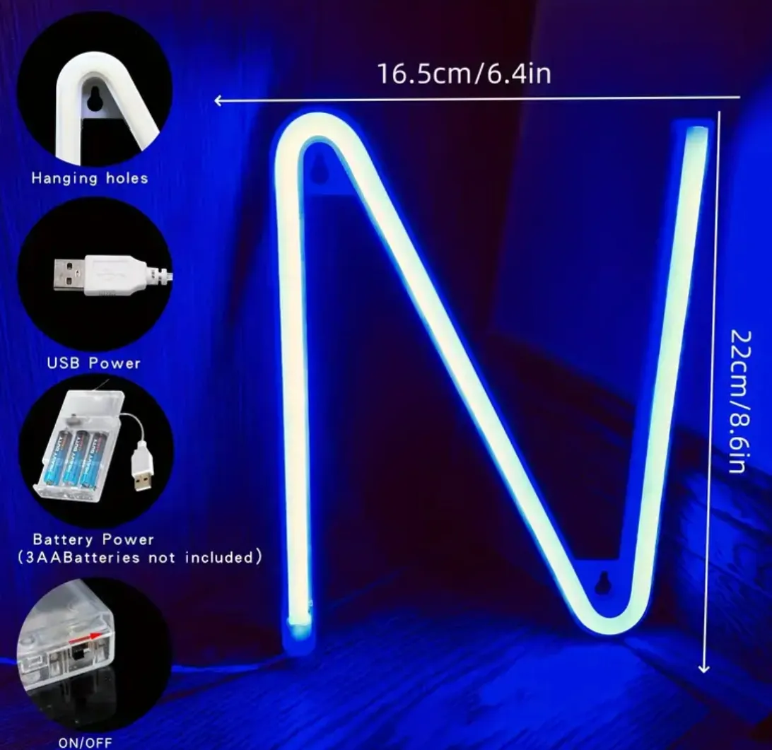 22 cm Blue Neon LED Letter Light - USB/Batteris drivs med hängande hål för väggkonst och festlig dekor