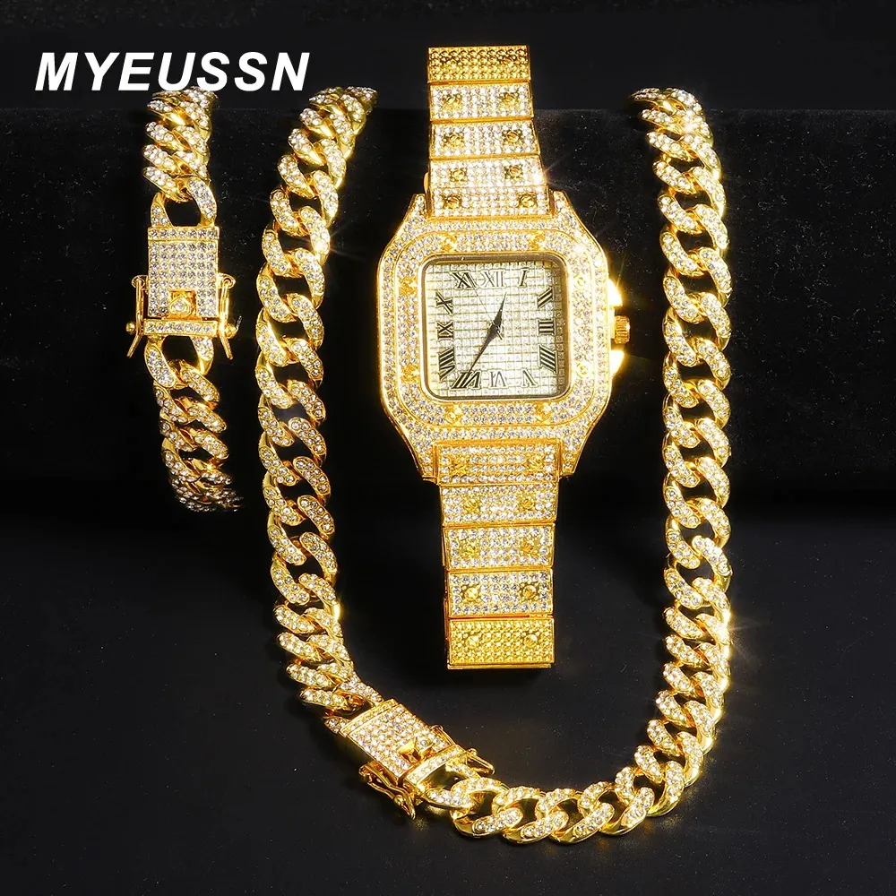 Hip Hop glacé chaîne collier montre bracelet ensemble hommes 13 MM chaîne à maillons cubains strass collier pour hommes bijoux montre cadeau 240315