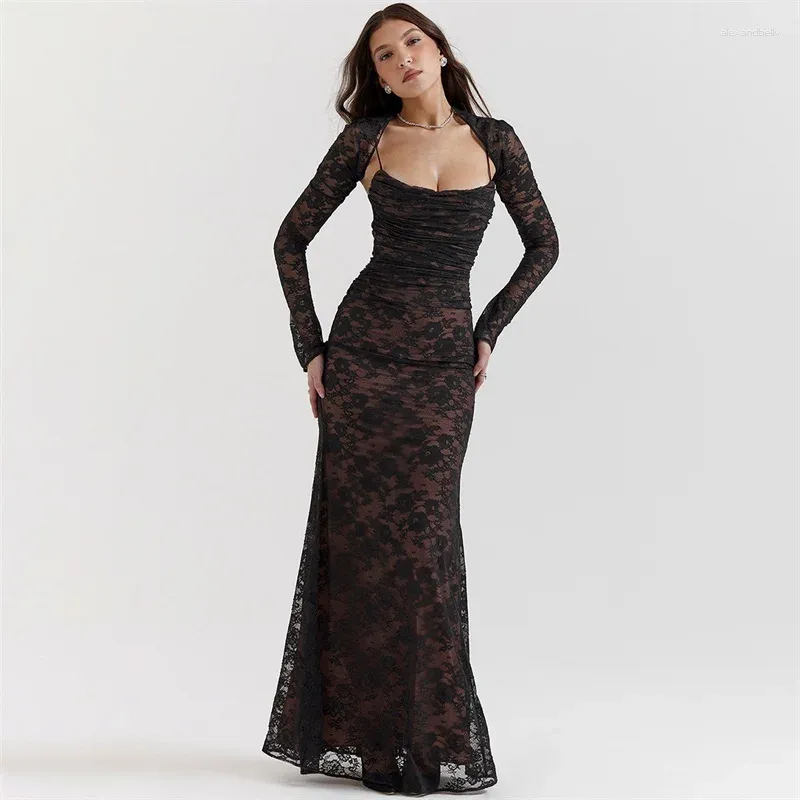 Party Dresses Black Lace Prom Dress 2 Pieces Set Sexy Srap Evening Full Sleeves Outfit Formal Tie Up Back Long Robe Vestido