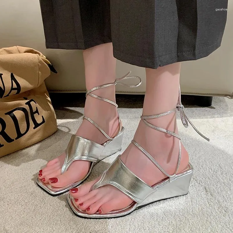 Sandals Clip Toe Women Summer High Heels Wedges Shoes 2024 Beach Slippers Fad Cross Tied-Lace Up Flip Flops Pumps Female Slides