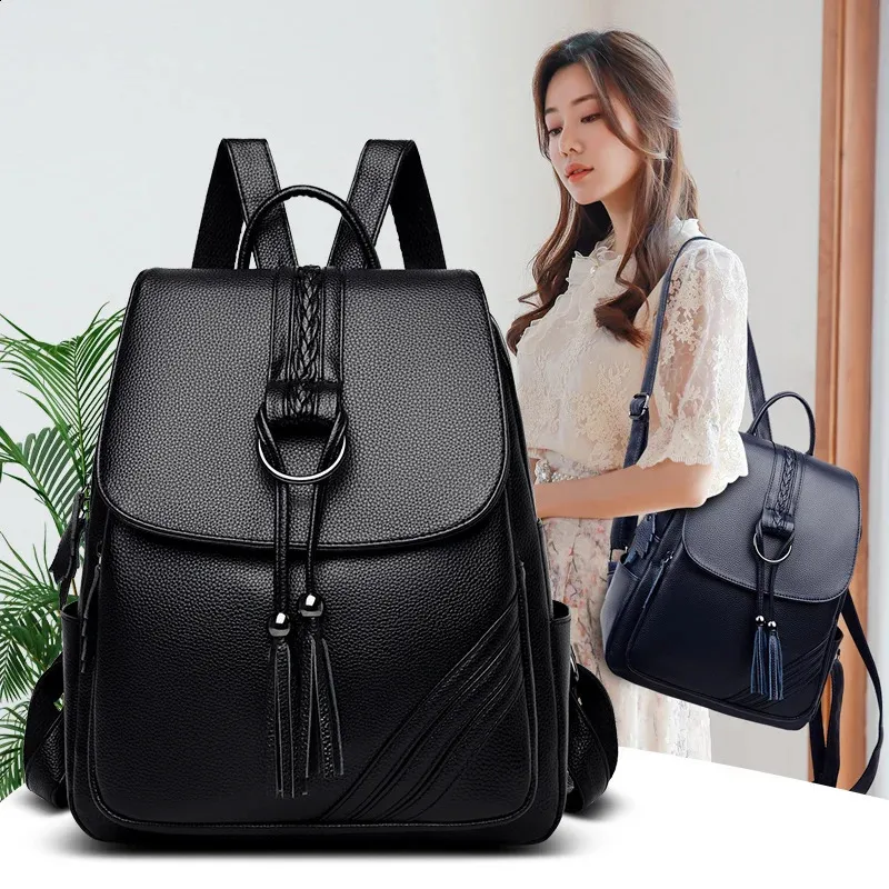 Tassel Women Backpacks Designer High Quality Soft Leather Fashion Back Bag Brand Female Travel Bags Mochilas Mujer Backbags 240304