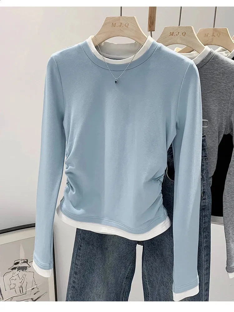 Women Girls Long Sleeve Short TShirts ONeck Patchwork SlimFit Plain Fleece Tees Korean Fashion Simple Basic Tops Shirts 240228