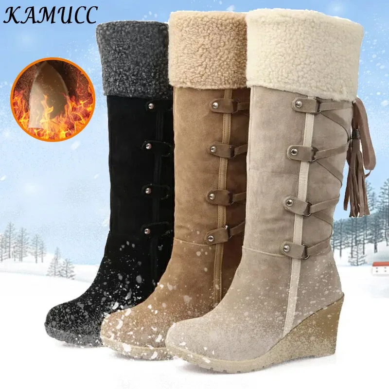 Boots 2021 Femmes Mid Calf Boots Femme Chaussures d'hiver Chaussures de coton chaud Bottes de neige Bottes hautes Haules dames talons de coin Boots Plus taille