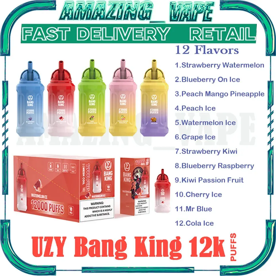 Varejo UZY Bang King 12000 Puff Descartáveis E Cigarros 0% 2% 3% 5% 0,8ohm Bobina de Malha 23ml Pod Bateria Recarregável Eletrônico Cigs Puff 12K ape Pen Kit