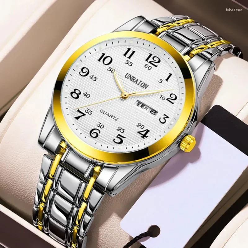 Relojes de pulsera Moda Hombres de moda Reloj de cuarzo Calendario Banda de acero Casual Elegante Hombre Relojes de pulsera