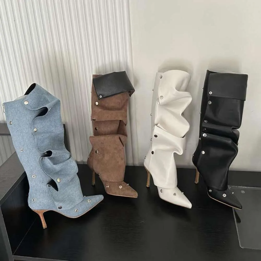 2023 Liu Nail Buckle Splicing Two Wears of Thin High Heels Cowboy Pleated Stacked Boots Female Personality Spicy Girl Fashion Long Boots