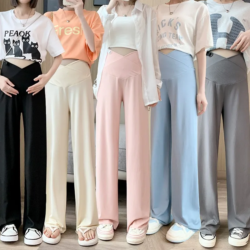 Pantaloni da donna incinte per capispalla estivi, sottili, bassi, casual, vestibilità ampia, abiti estivi a gamba larga, taglia regolabile