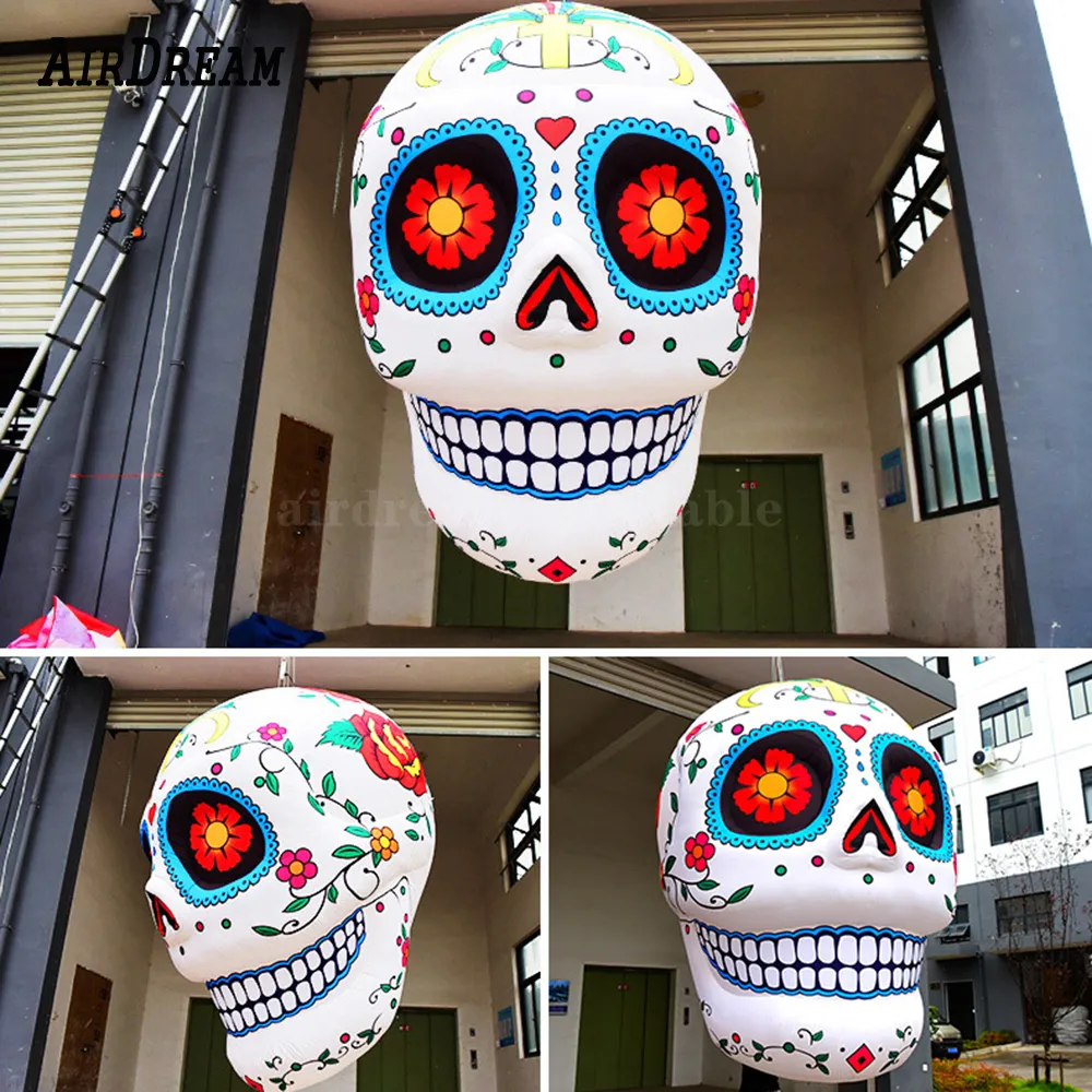 3 m, 10 Fuß hoch, aufblasbare Halloween-Totenkopf-Dekoration in individueller Farbe mit LED-Lichtballon-Geist