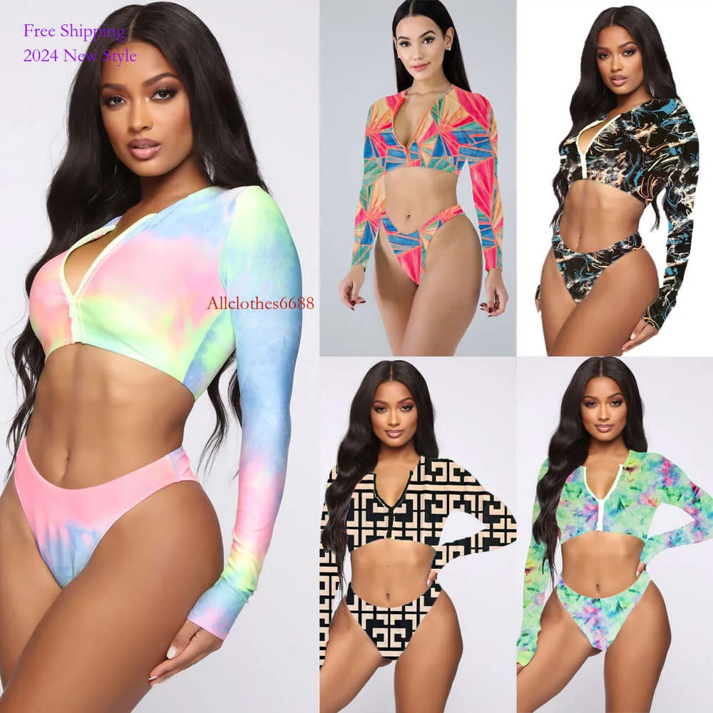 2024 New Tie Dyed Bikini for Women Multi Color Printed Long Sleeve Zipper Sexy Split Bikinis Beach Swimsuit