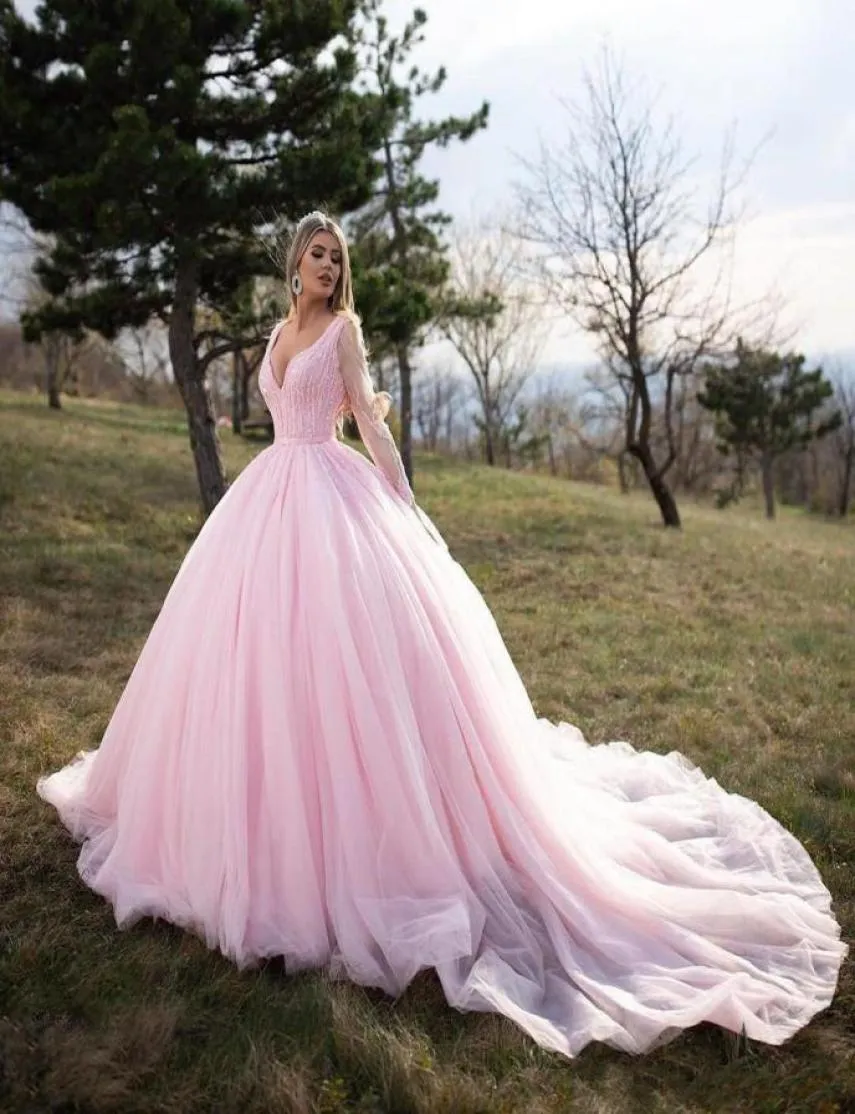 2020 suknia balowa sukienka Quinceanera Różowe długie rękawy Tiul V Szyja Długie rękawy Sukienka Girls Girl