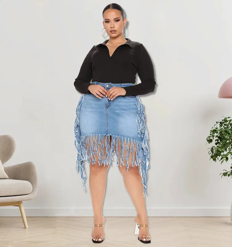 Plus Size Denim Tassel Denim Short Skirts for Women High Waist Fringed Mini Female Bottoms Spring Summer Matching Outfits 240329