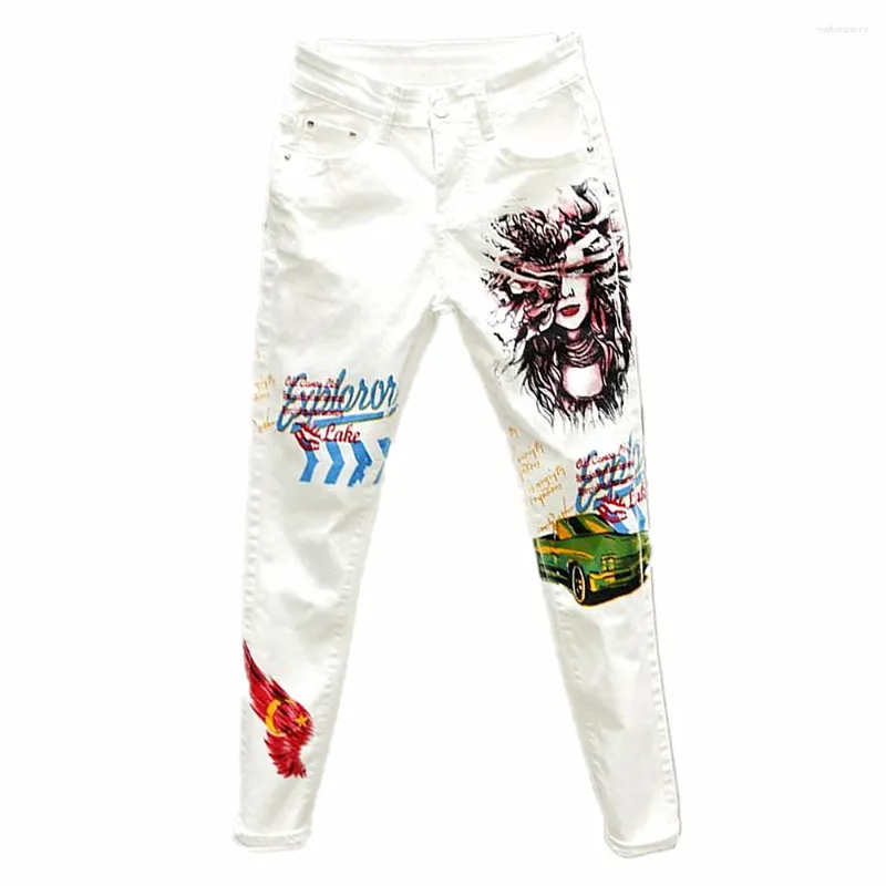 Women's Jeans Cartoon Graffiti Printed Stretch Slim Body Pencil Pants Plus Size White Skinny Denim Autumn 2024