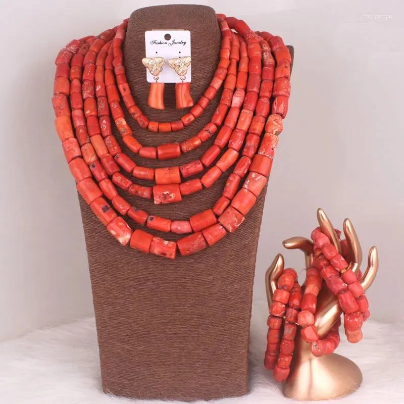 Ensemble collier et boucles d'oreilles Dudo nigérian, perles de corail naturelles, bijoux 6 rangées, 2024