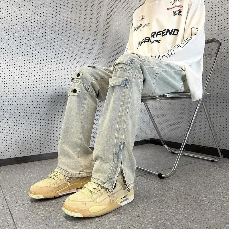 Herren Jeans Männliche Cowboyhose mit Schlitzen für Männer ausgestattet Hosen Bootcut Reißverschluss Punk Kpop Koreanischer Stil gestapelt Retro Denim Soft