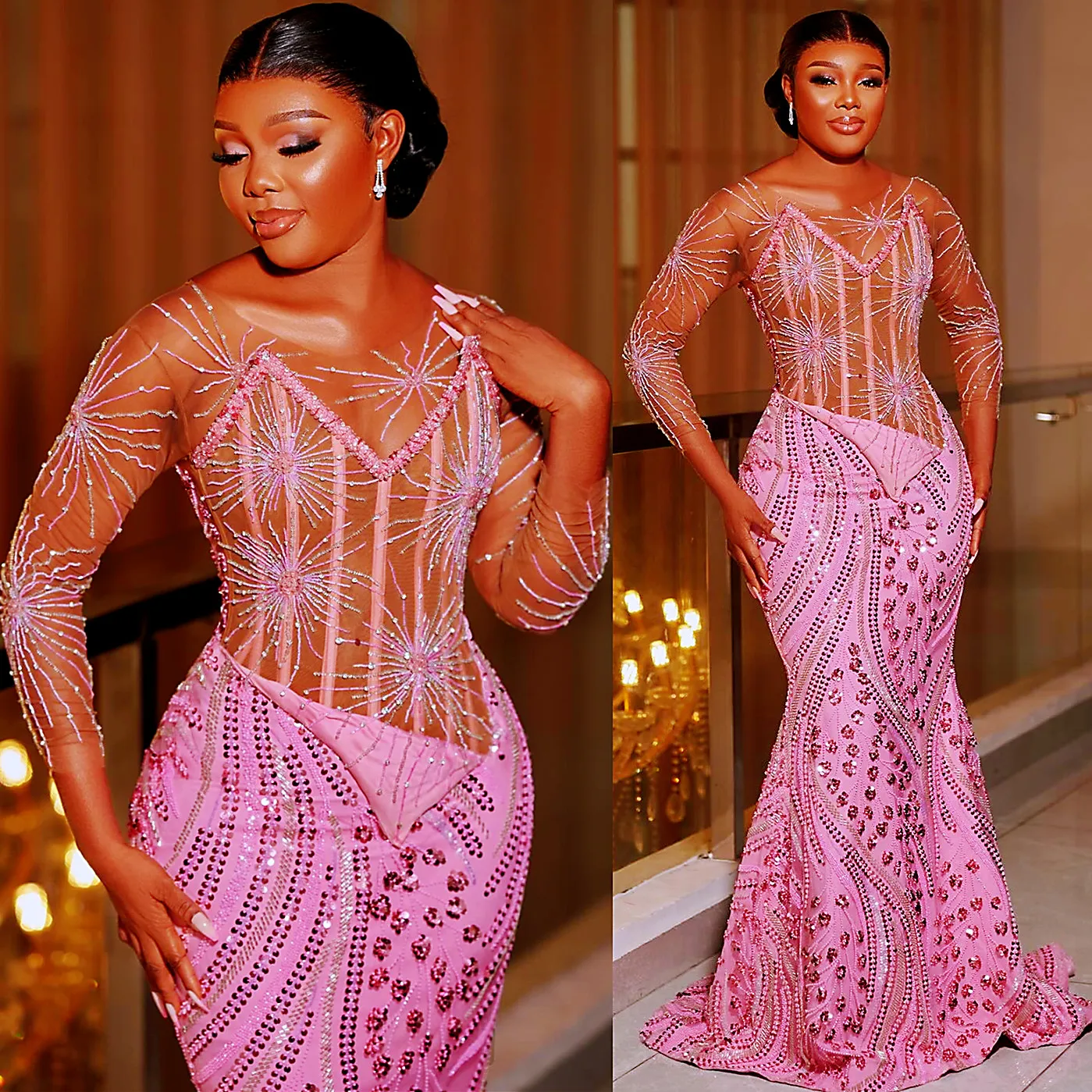 Ebi Aso Pink Mermaid Prom Dress with Sequins Lace and Beads for Evening Formal Party Second Reception Birthday Engagement Gowns Dresses Robe De