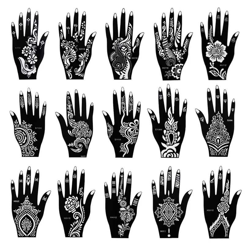 Estênceis 50 folhas/lote estênceis de tatuagem temporária de henna para pintura corporal glitter airbrush mehndi mão modelos de tatuagem de henna estêncil grande
