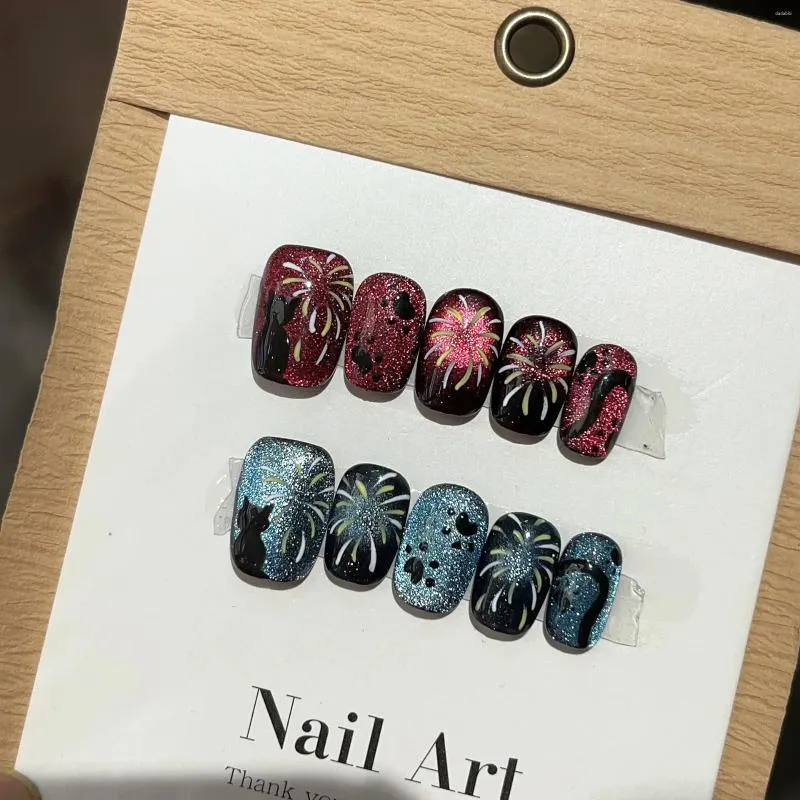 False Nails 10Pcs Fireworks Cat Eye Wearable Press On Handmade Luxury Glitter Black Colorful Firework Design Full Cover Fake Nail Art