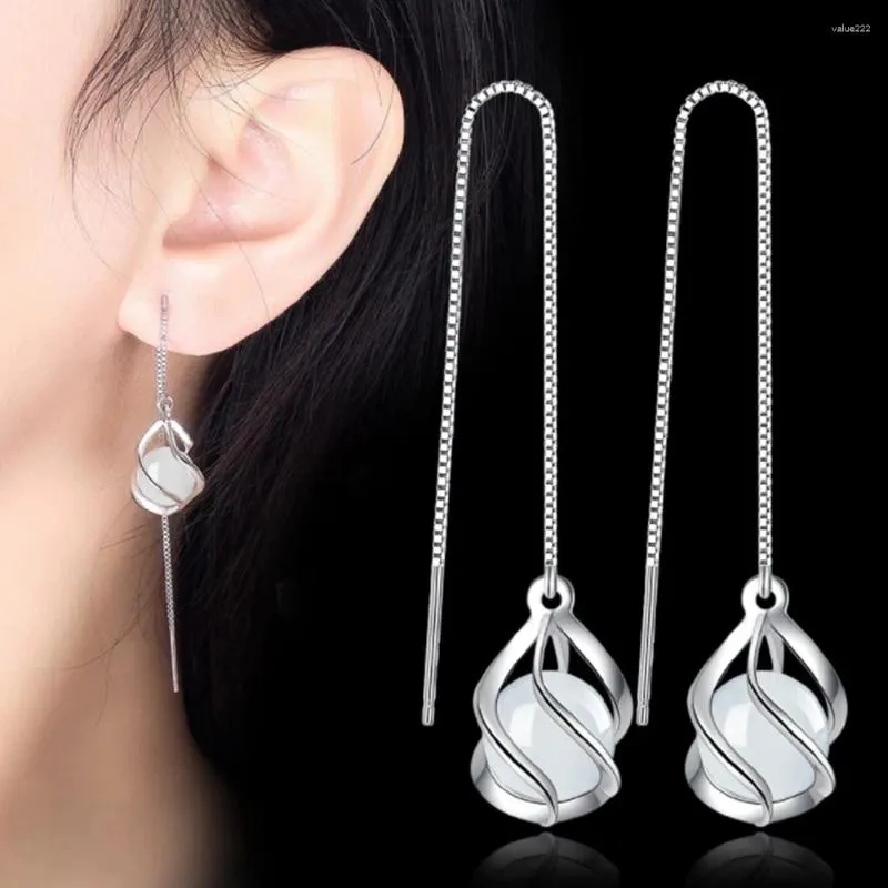 Boucles d'oreilles pendantes de luxe rondes en pierre blanche opale longue goutte en argent Sterling 925 élégante petite boucle d'oreille pour femmes fille