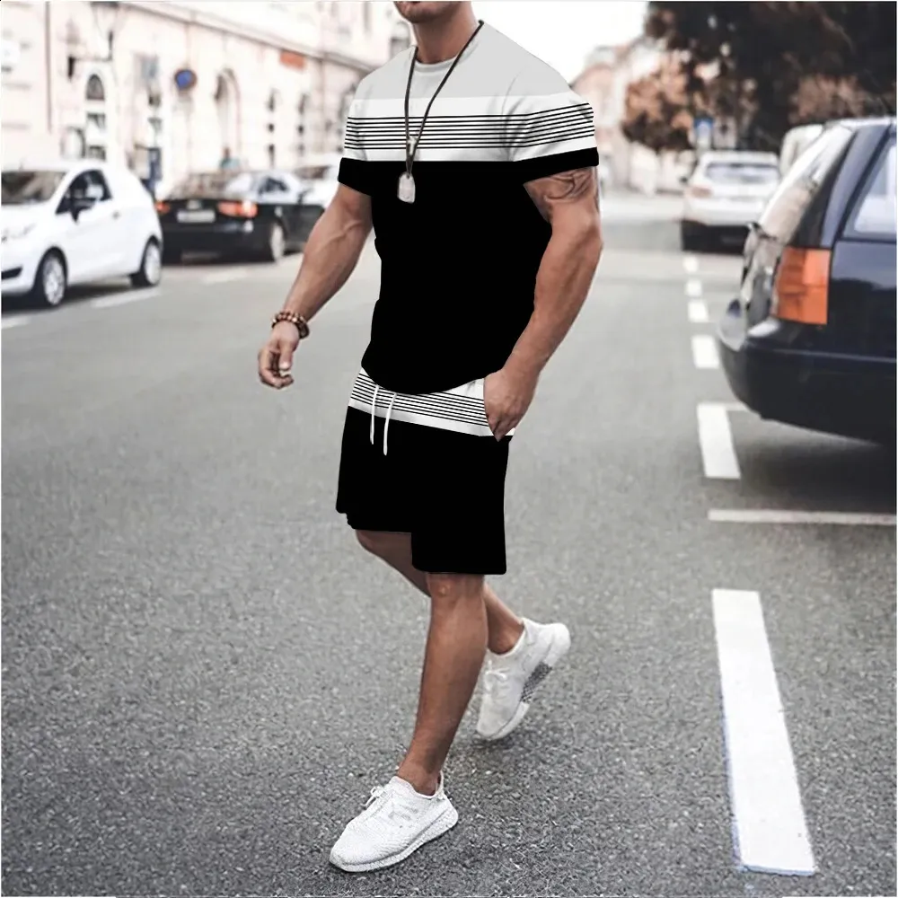 Striped 3D Print TShirts Shorts Sets Mens Sports Casual Fashion Streetwear Oversized Short Sleeve T Shirt Pants Set Man Suits 240315