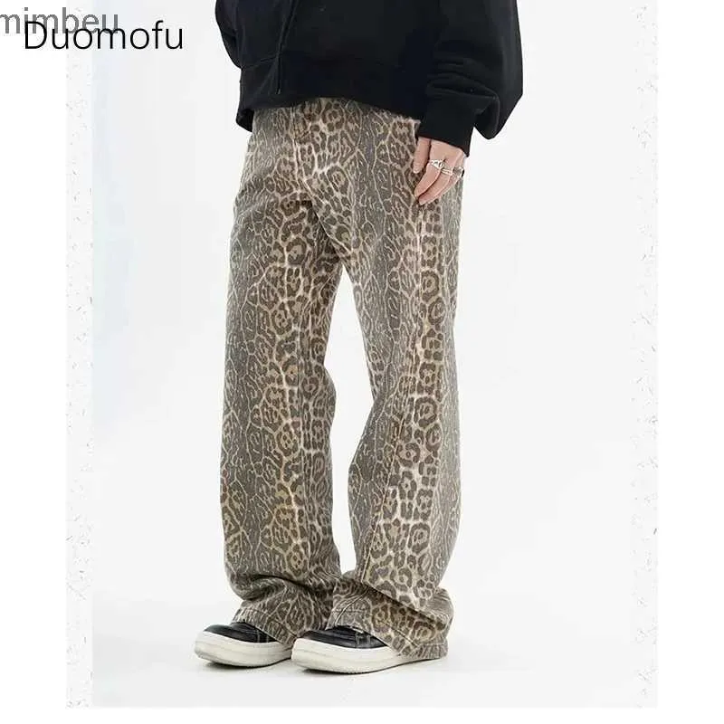 Jeans femininos duomofu vintage leopardo impressão jeans mulheres oversize casual hip pop perna larga calças tendência cintura alta pantera denim calças senhorasc24318