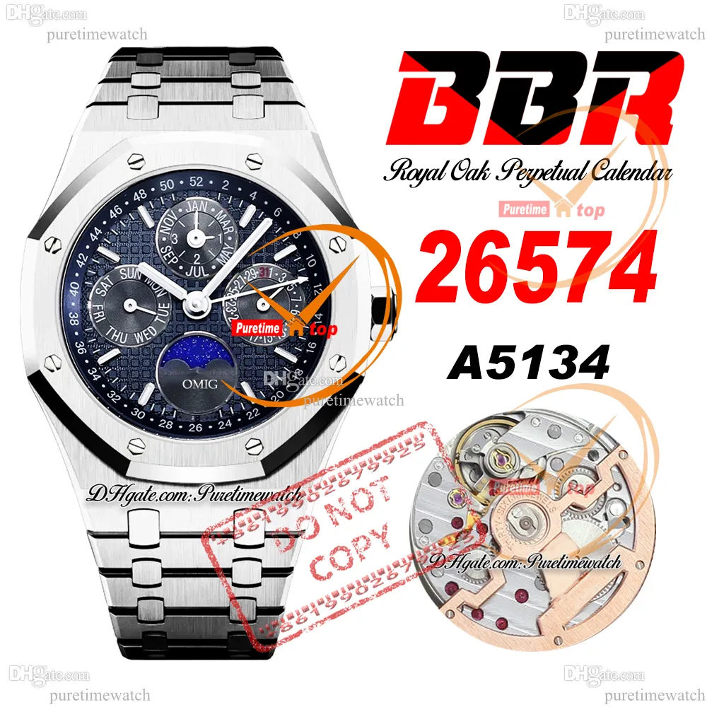 26574 Complicated A5134 Automatic Mens Watch BBRF 41mm Perpetual Calendar Blue Black Stick Dial Stainless Steel Bracelet Super Edition Puretimewatch Reloj Hombre