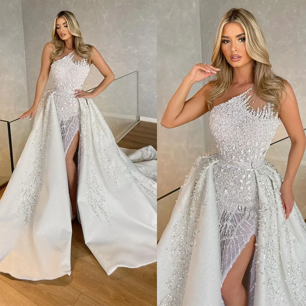 Lindo vestido de noiva sereia, pérolas, frisado, vestido de casamento com trem destacável, lantejoulas, divisão alta, vestidos de noiva feitos sob encomenda