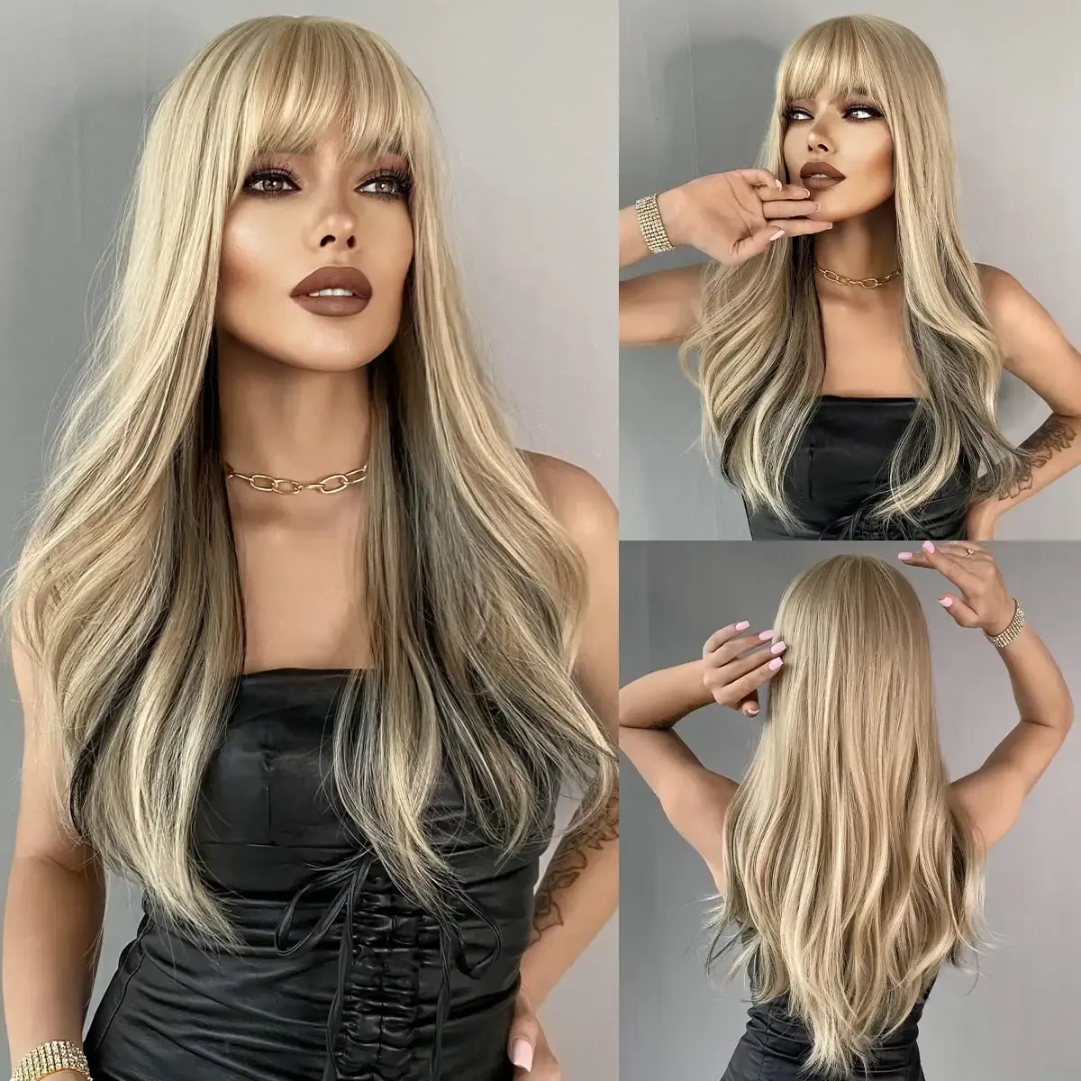 Wigs NAMM Long Wavy Curly Wigs for Women HD Black Blonde Hair Cosplay Party Heat Resistant Fake Hair Natural Synthetic Wig with Bangs