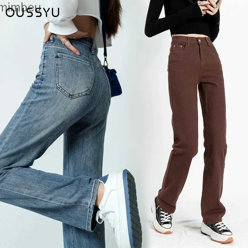 Jeans Femme OUSSYU Y2K jean droit femmes 2023 automne nouveau lâche taille haute jambe large Denim pantalon mode tendance décontracté confort pantalonC24318