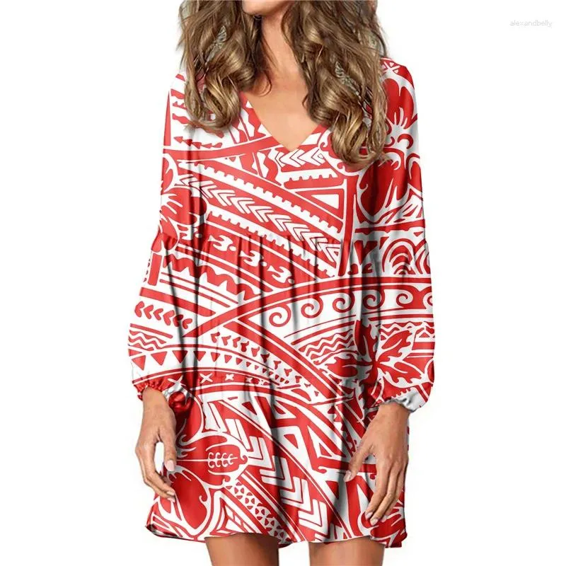 Casual Dresses Hycool Fashion Loose Dress Women Sexig V-ringning Lantern Sleeve Home Pregnant Polynesian Tribal Print Vintage Red