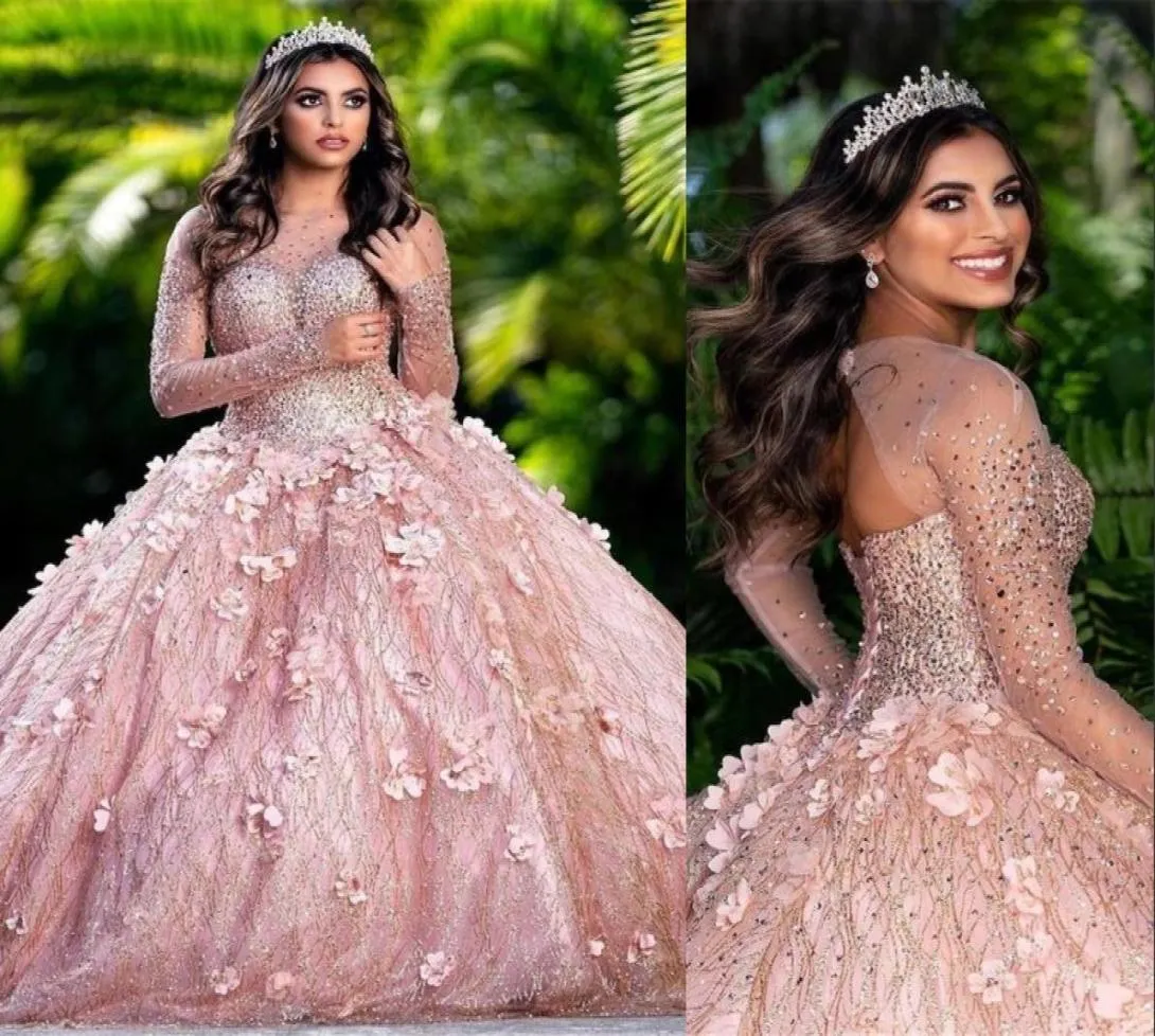 2023 Ball Gown Quinceanera Dresses Bridal Gowns Blush Pink Sparkly Sequined Crystal Beads Illusion Corset Back Long Sleeves Sweet 5965742