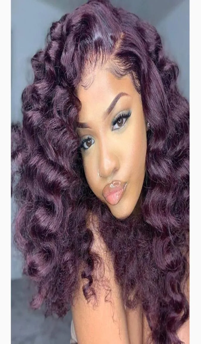 Indian Loose Wave Dark Purple 13x6 Front Human Hair Wigs with Baby Hairs 360 Lace Frontal full laces wig Natural Hairline bleached3876038