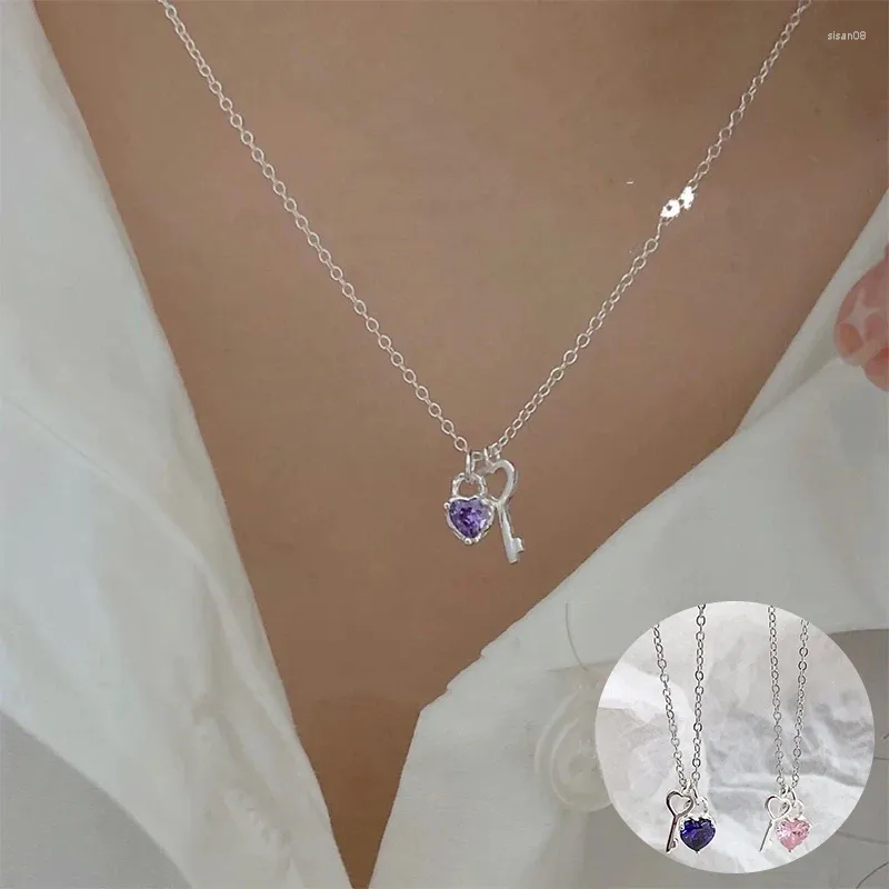 Catene in argento sterling 925 con zirconi, collana con cuore d'amore per le donne, ragazza, serratura a chiave, catena fine, design, gioielli, regalo per feste