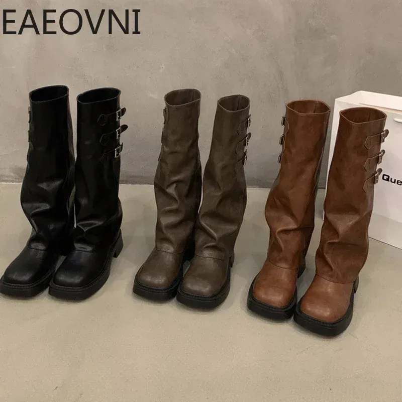 Boots Winter Woman Biker Boots Fashion Belt Ladies Slip On Long Boots Shoes Elegant Square Heel Women's Knight Bootties