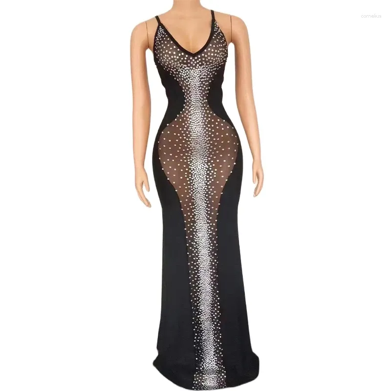 Abbigliamento da palcoscenico Abito sexy scintillante con strass argento senza maniche, ballo di fine anno, cristalli trasparenti, costume da matrimonio, compleanno, ospite