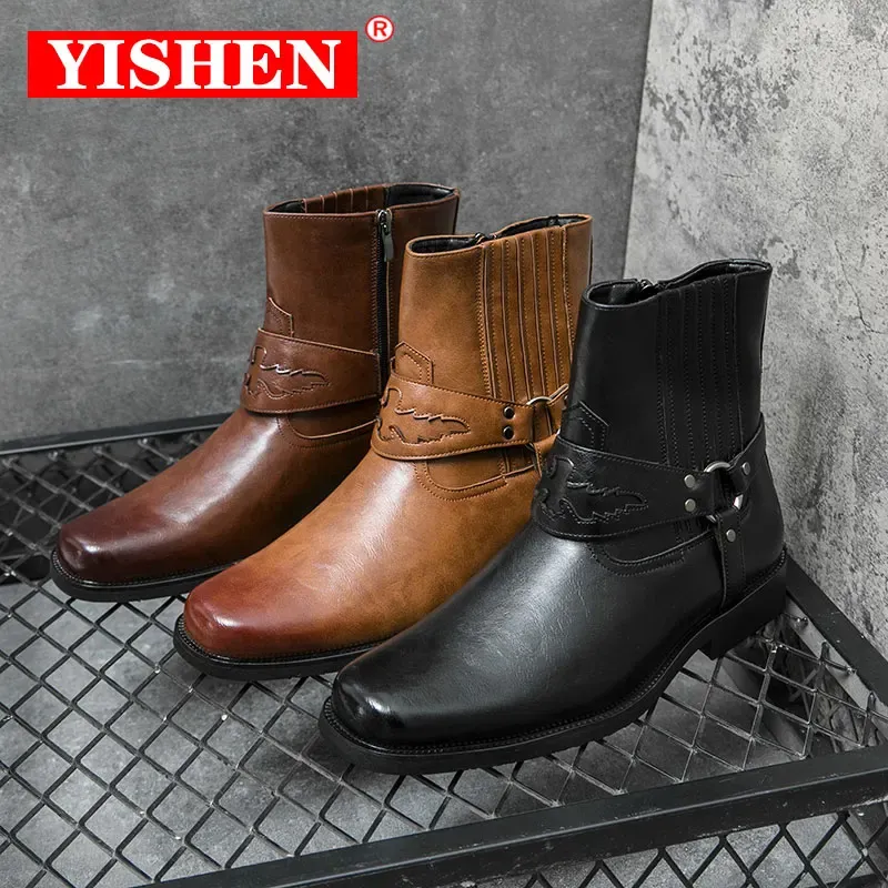 Boots YISHEN Leather Boots Men Shoes Ankle Boots Western Cowboy Shoes Brown Motorcycle Boots Zipper Retro Leisure Shoes Botas De Piel