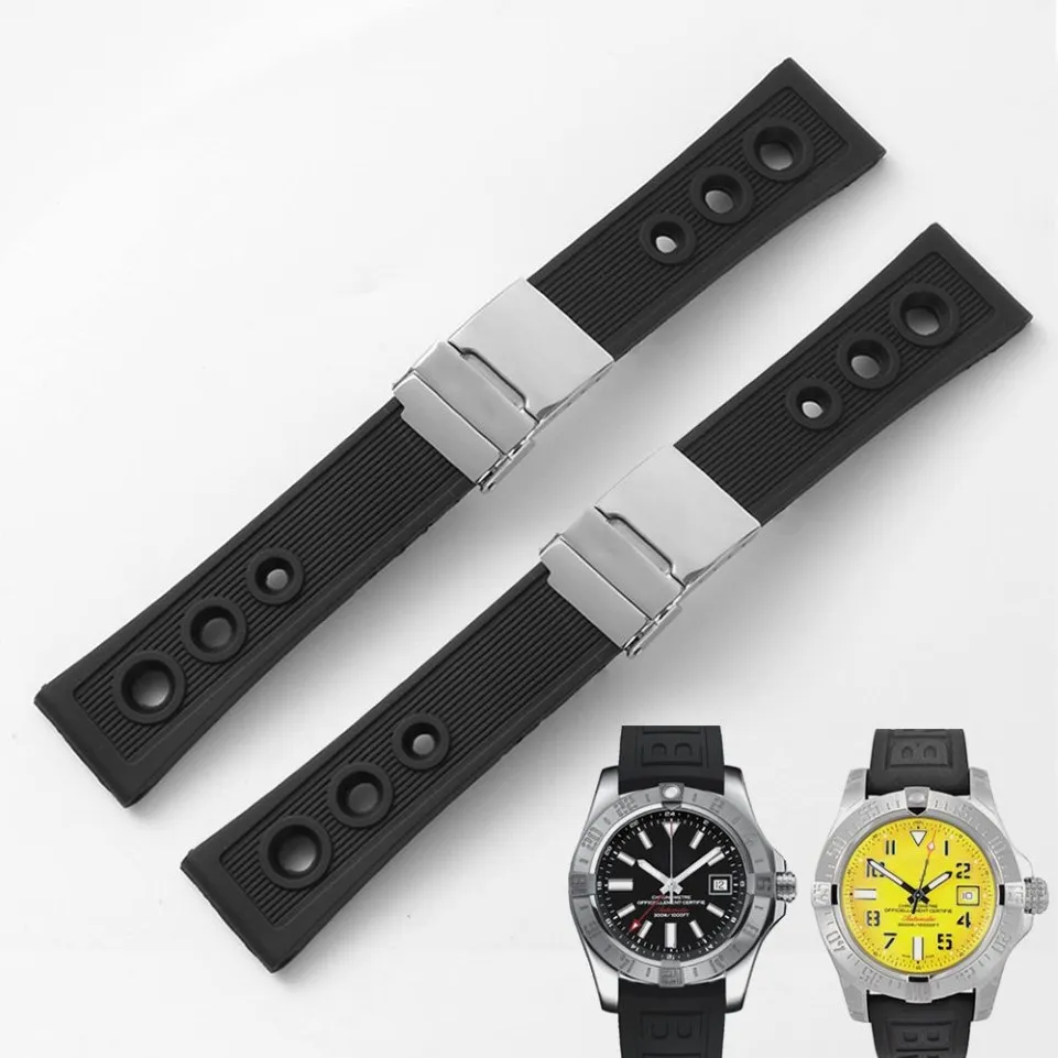 22mm 24mm Neue schwarze wasserdichte Tauch-Uhrenarmbänder aus Silikonkautschuk mit Faltschließe für die Breitling-Uhr Tools193N