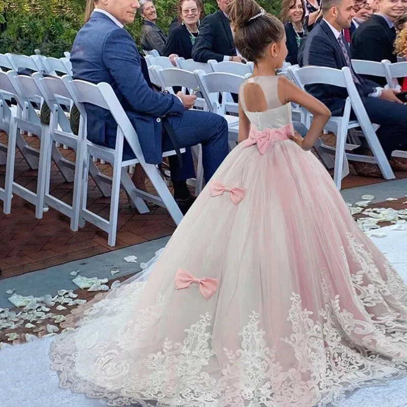 Abito da principessa per ragazze Abito lungo da damigella d'onore per bambini Abiti da ballo per bambini Abiti da festa di nozze con fiori in pizzo 5-14 anni Vestido 240305